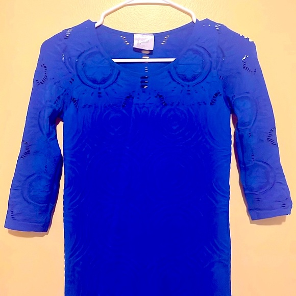 S/M Bodycon Dark Blue Dress OpenWork Round Neck two-third OpenWork Sleeve Mini - Picture 1 of 9